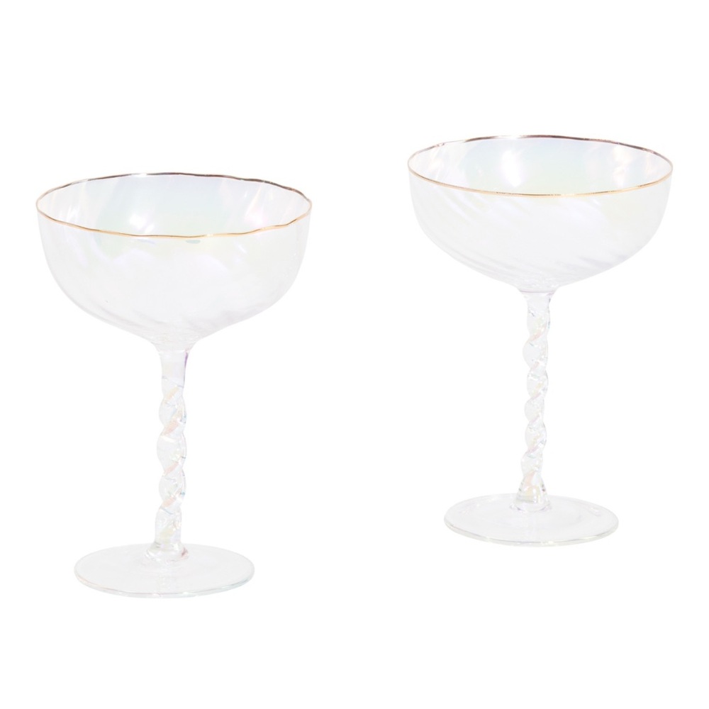 🔥Glitz & Glimmer Iridescent Champagne Coupes with Gold Rim. NEW IN BOX